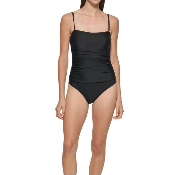 DKNY Shirred Waist Bandeau Swimsuit Black - M - Picture 2 of 6